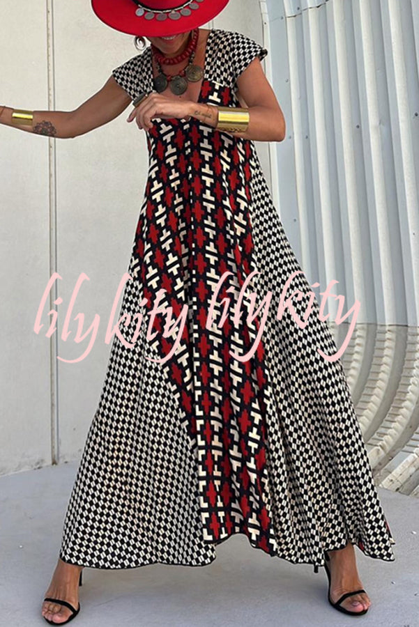 Fresh Breeze Ethnic Unique Print Ruffle Sleeve A-line Maxi Dress