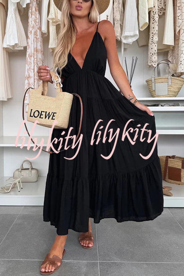 Bohemian Style V-neck Backless Slip Layered Vacation Maxi Dress