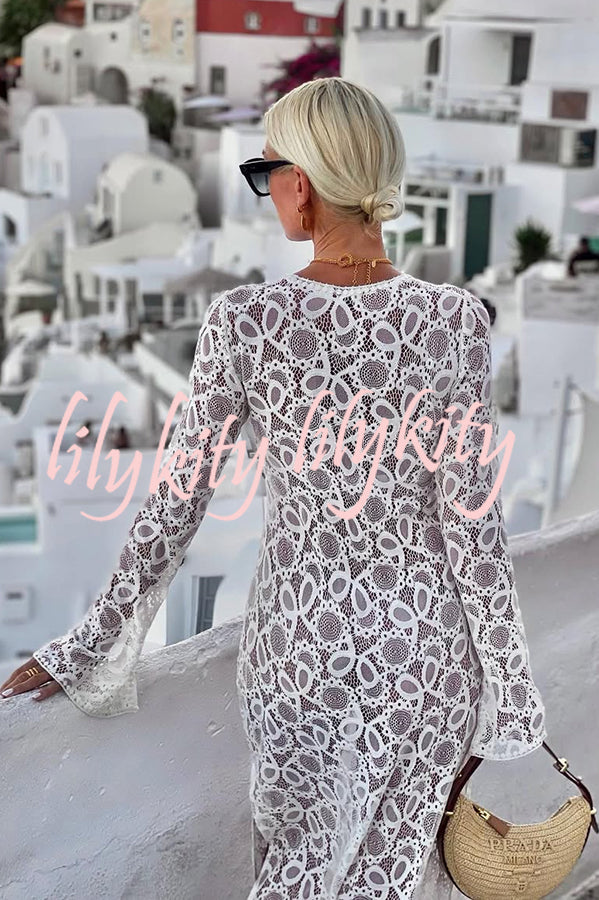 Santorini Sunset Floral Lace Long Sleeve Slit Vacation Maxi Dress