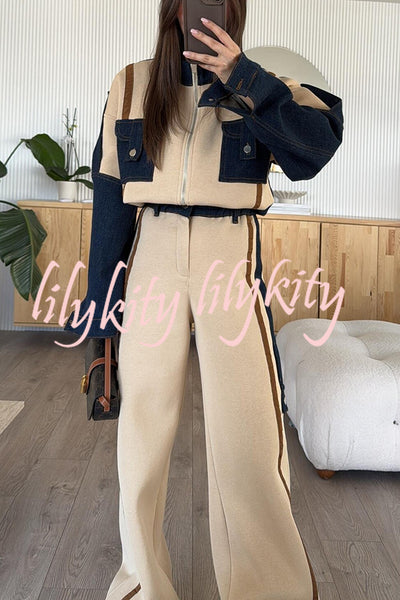 Chill Whispers Denim Patchwork Sweatshirt Fabric Striped Elastic Waist Pocket Loose Pants
