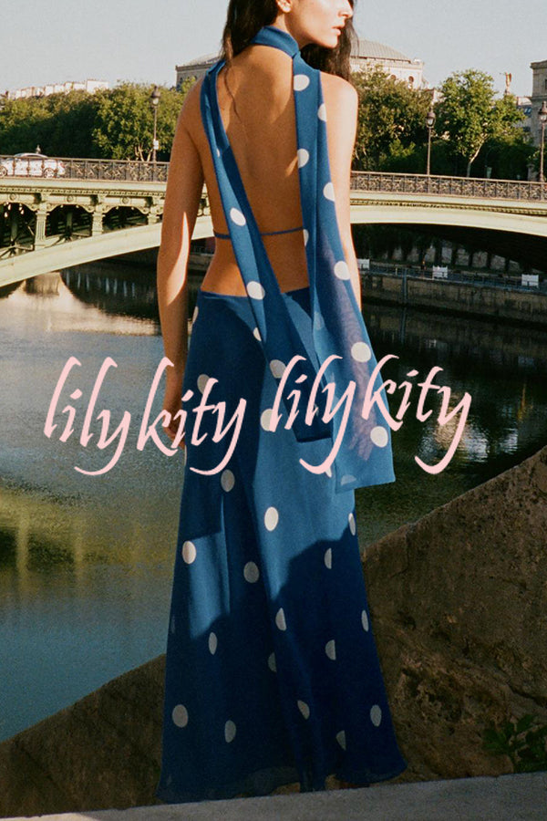 Fashion Polka Dot Print Sexy Halter Neck Backless Maxi Dress