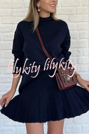 Solid Color Casual Preppy Knit Top and Knit Stretch Pleated Mini Skirt Set