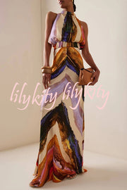 Unique Print Sleeveless Stretch Stand Collar Top and Elegant Maxi Skirt Set