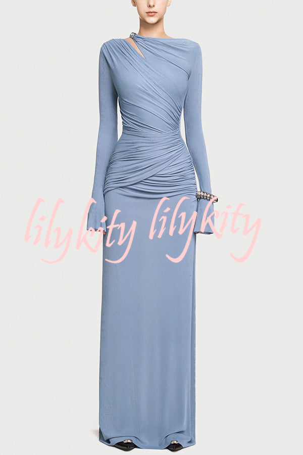 Stylish Long-sleeved Slim-fit Pleated Elegant Maxi Dress