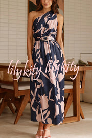 Unique Print Sleeveless One Shoulder Belted Maxi Dress
