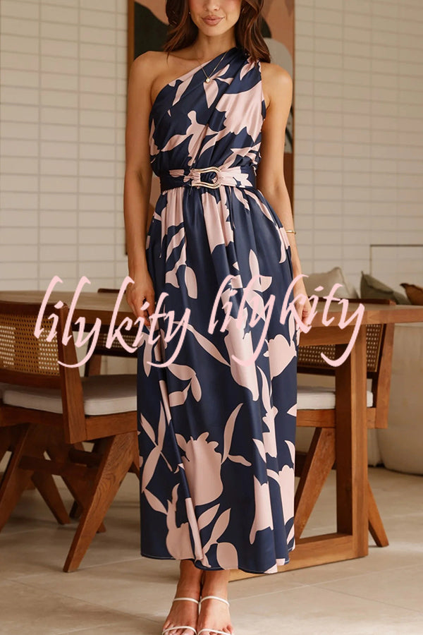 Unique Print Sleeveless One Shoulder Belted Maxi Dress