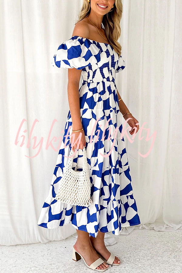 Petal Princess Unique Print Smocked Waist Puff Sleeve Midi Dress