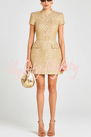 Gold Standard Tweed Fabric Pearl Button Short Sleeve Pocketed Mini Dress