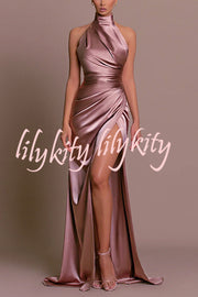 Satin Sexy Halter Neck Sleeveless High Slit Slim Maxi Dress