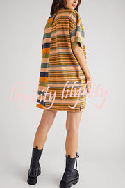 Contrast Striped Patchwork Denim Lapel Loose Casual Mini Dress