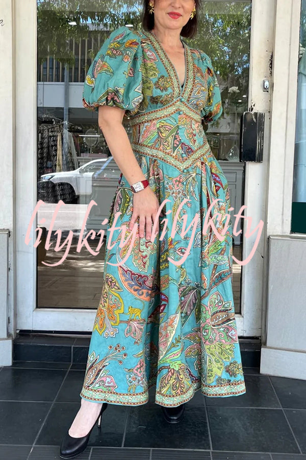 Chic Vacation Linen Blend Unique Print Button Puff Sleeve Pocket Maxi Dress