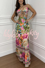 Mexico Style Tropical Print Ring Cutout Lace-up Vacation Maxi Dress