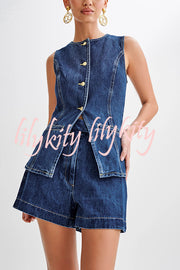 Abel Denim Button Up Princess Seams Pocket Vest Top