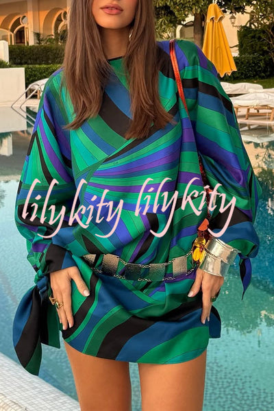 Micah Satin Unique Print Slit Tie-up Sleeve Shift Kaftan Mini Dress