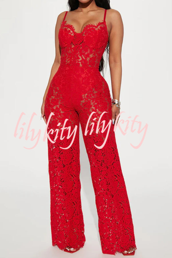 Sexy Moment Floral Lace Lined Suspender Wide Leg Stretch Jumpsuit