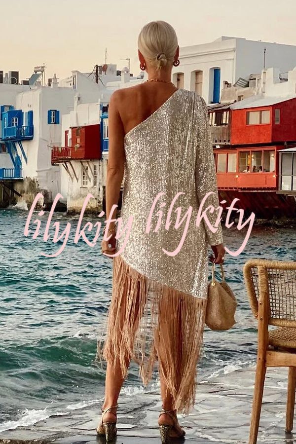 Anika Sequin One Shoulder Sleeve Tassel Hem H-line Midi Dress