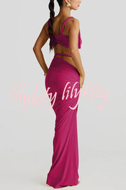 Sexy Halter Back Braided Suspender Top and Beach Holiday Style Hip-wrapped Maxi Skirt Set