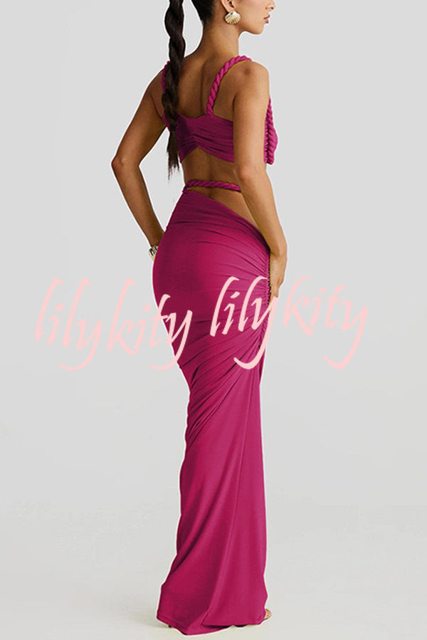 Sexy Halter Back Braided Suspender Top and Beach Holiday Style Hip-wrapped Maxi Skirt Set