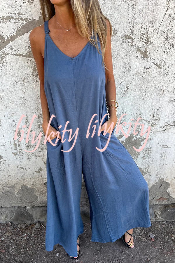 Linen Blend Solid Color Suspenders Loose Pockets Casual Wide-leg Jumpsuit