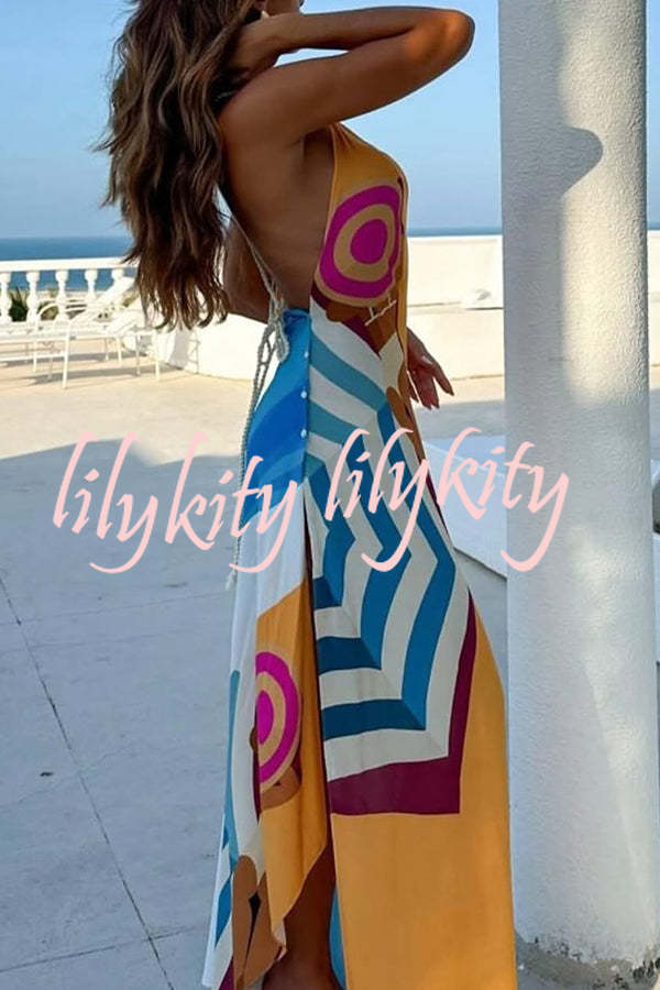 Sun and Sea Unique Print Side Button Rope Halter A-line Maxi Dress