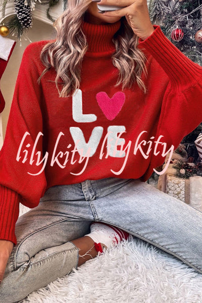 Happy Holidays Contrast Love Letter Turtle Neck Bat Sleeve Sweater