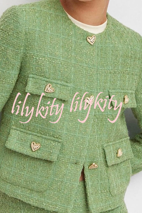 Stylish Tweed Love Button Long Sleeve Casual Pocket Jacket