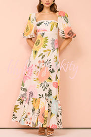 Looking for Sunshine Floral Print Square Neck Bubble Sleeve Maxi Dress