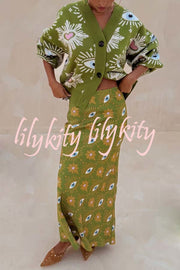 Mysterious Magic Satin Eye Heart Pattern Elastic Waist Drape Maxi Skirt