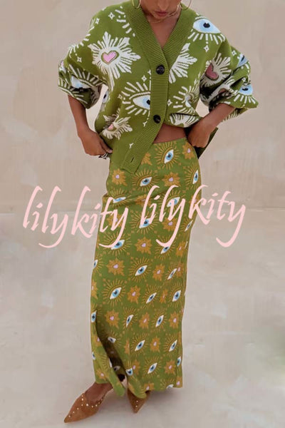 Mysterious Magic Satin Eye Heart Pattern Elastic Waist Drape Maxi Skirt