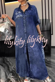 Fashion Letter Print Lapel Cardigan Loose Maxi Dress