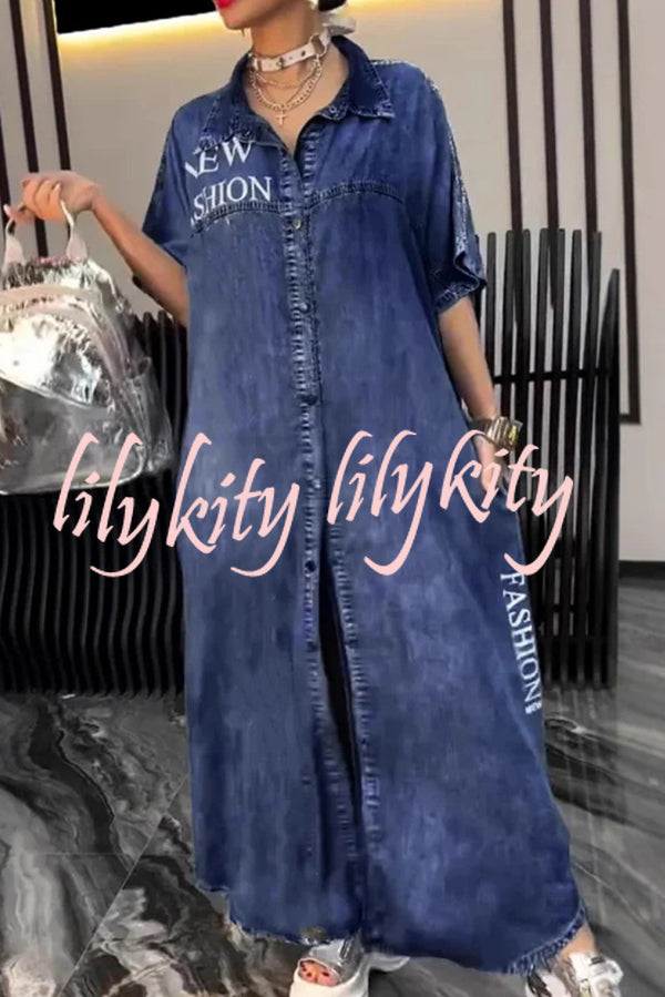 Fashion Letter Print Lapel Cardigan Loose Maxi Dress