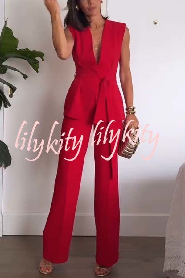 Keep It Classic V-neck Belted Vest and Mid Rise Pocket Wide Leg Pants Set