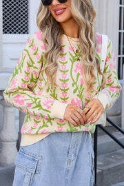 Fashionable Floral Knitted Crew Neck Casual Sweater