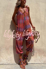 Brighton Beach Tie-dye Print Shoulder Tie Pocketed Loose Jumpsuit