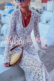 Santorini Sunset Floral Lace Long Sleeve Slit Vacation Maxi Dress