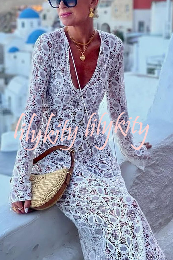 Santorini Sunset Floral Lace Long Sleeve Slit Vacation Maxi Dress