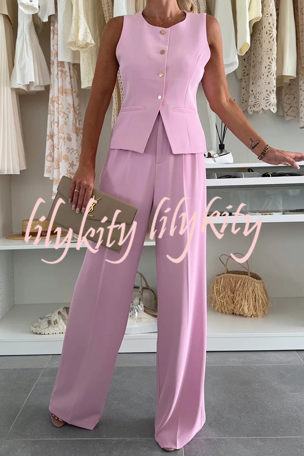 Workplace Chic Sleeveless Button Vest and Relaxed Pocket Wide Leg Pants Set