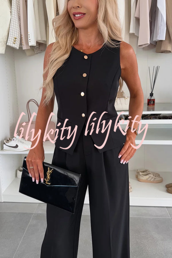 Workplace Chic Sleeveless Button Vest and Relaxed Pocket Wide Leg Pants Set