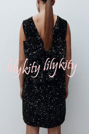 Glam Season Velvet Sequin Back Oversized Bow Design Sleeveless Loose Mini Dress