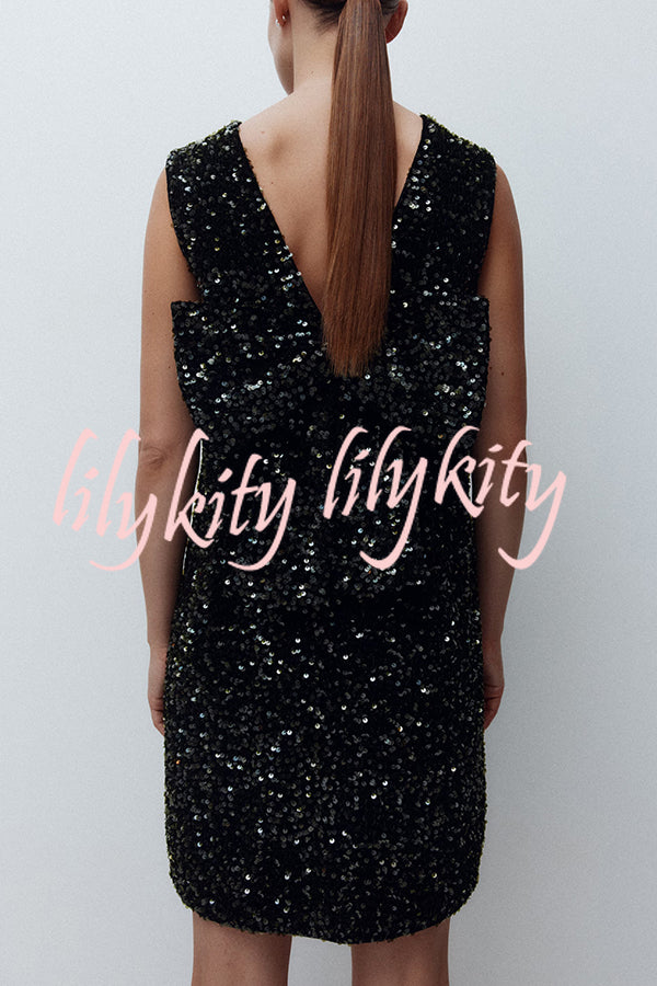 Glam Season Velvet Sequin Back Oversized Bow Design Sleeveless Loose Mini Dress