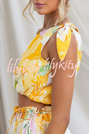Soleila Floral Print One Shoulder Tie-up Crop Top and Elastic Waist Pocket Loose Pants Set