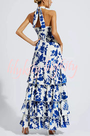 Gorgeous Styling Botanical Print Halter Neck Open Back Tiered Hem Maxi Dress