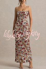 The Center of Attention Floral Print Sequin Square Neck Slip Stretch Maxi Dress
