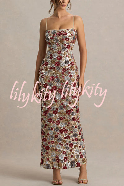 The Center of Attention Floral Print Sequin Square Neck Slip Stretch Maxi Dress