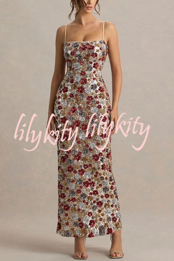 The Center of Attention Floral Print Sequin Square Neck Slip Stretch Maxi Dress