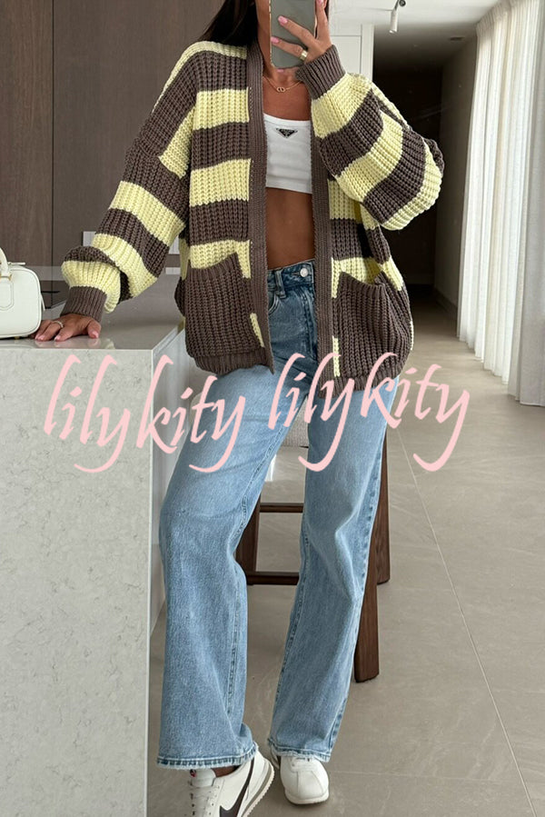 Fashionable Patchwork Striped Casual Pocket Knitted Sweater
