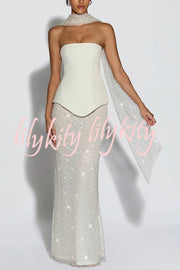 Oakley Corset Strapless Top and Sequin High Rise Maxi Skirt Scarf Set