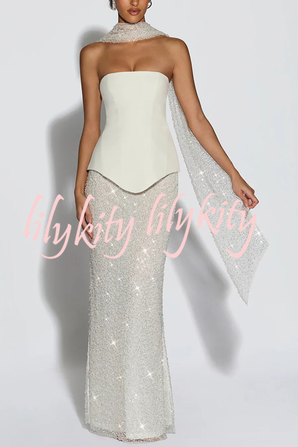 Oakley Corset Strapless Top and Sequin High Rise Maxi Skirt Scarf Set