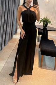 Solid Color Sleeveless Backless Halter Slit Wide Leg Jumpsuit