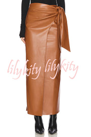 Snappy Casual Slay Faux Leather High Rise Wrap Tie-up Stretch Maxi Skirt